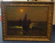 John Noble Barlow RBA ROI (1861-1917), signed oil on canvas, 'Night Scene, St.Ives Harbour', 38cm