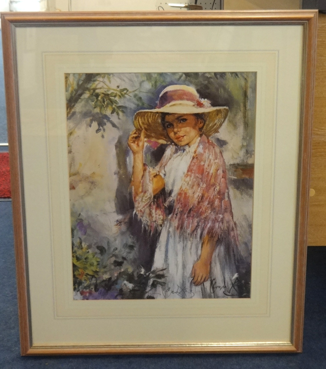 Gordon King, signed limited edition Artist Proof, 'Girl with Straw Hat' print, 45cm x 35cm.