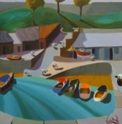 Lee Woods, signed acrylic on canvas, 'Boats', 60cm x 60cm.