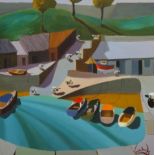 Lee Woods, signed acrylic on canvas, 'Boats', 60cm x 60cm.