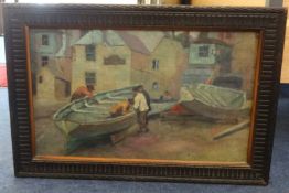 Unsigned, (Traditional Cornish School) oil on canvas 'Sloop Inn, St.Ives, Boats and Figures' 43cm