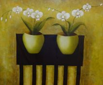 Signed 20th century oil on canvas painting 'Orchids', 80cm x 101cm.