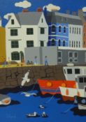 Brian Pollard, signed acrylic on board 'Island House and Fish Quay, 1986' 34cm x 24cm.