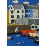 Brian Pollard, signed acrylic on board 'Island House and Fish Quay, 1986' 34cm x 24cm.