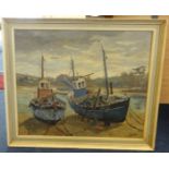 Hugh E. Ridge, signed oil on board 'Fishing Boats, Winter Maintenance, Lelant', 58cm x 50cm