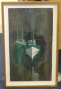 Michael Praed (b.1941), signed oil on board 'Boats', 43cm x 23cm.