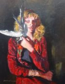 Robert Lenkiewicz (1941-2002) early oil on canvas, 'Mary with Birds'. 75cm x 39cm, Provenance;