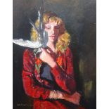 Robert Lenkiewicz (1941-2002) early oil on canvas, 'Mary with Birds'. 75cm x 39cm, Provenance;