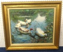 P. Louris, signed oil on canvas, 'Ducks', signed, 50cm x 60cm.(Lynton Art Gallery 1991).