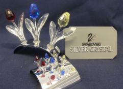 Swarovski Crystal Red/Blue/Yellow Large Tulips & Stand, 9 Mini Tulips & Stand