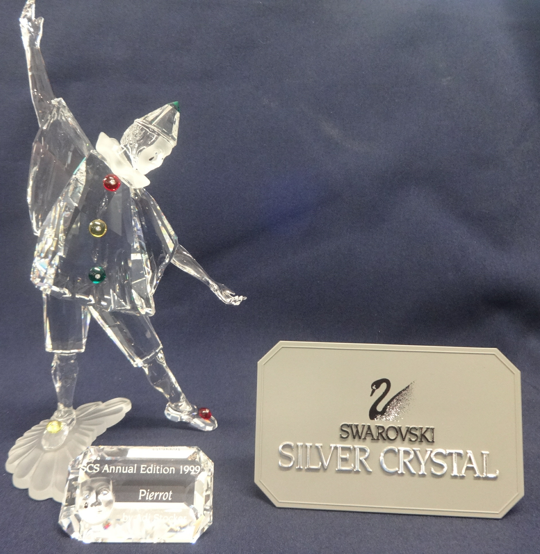 Swarovski Crystal SCS Members 1999 Pierrot and stand.