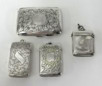 Two silver vestas, silver cigarette case and a silver plated vesta