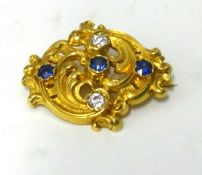 Tiffany, an antique yellow gold brooch set with 2 diamonds and 3 sapphires within a cartouche, width