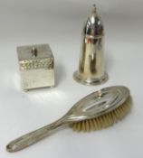 A silver back hair brush, square Indian silver box and a silver plated sugar castor (3).