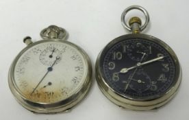 A chronograph pocket watch with black dial and fly back also a military stop watch the back plate
