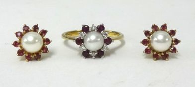 A pair 9ct ruby and pearl earrings and a similar diamond and pearl ring, finger size N1/2.