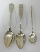 Three Russian assorted silver spoons, approx 76.5gms.
