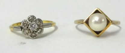 An 18ct gold and platinum diamond ring, size O also a 9ct gold and pearl type ring, size R
