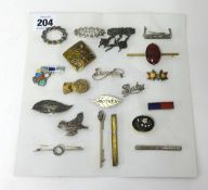 Twenty assorted brooches including seven silver brooches and two unmarked gold brooches.