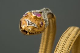 A 19th century 18ct gold, flexible slave bangle of plaited wire, modelled as a serpent of five coils