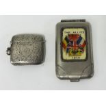 A silver vesta and a plated and an 'Allies 1914' cigarette case (2).