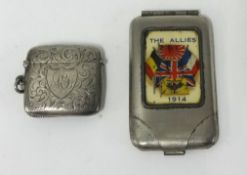 A silver vesta and a plated and an 'Allies 1914' cigarette case (2).