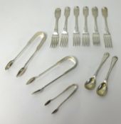 Various silverwares including Edinburgh mustard spoons, tongs and six forks.