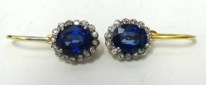 Russian, a pair of fine 14ct and platinum sapphire and diamond cluster earrings, approx 3.70gms.