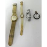 A silver plated open face pocket watch and three wrist watches (4).