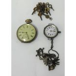 A silver open face fob watch, another open face and keyless pocket watch etc (2).