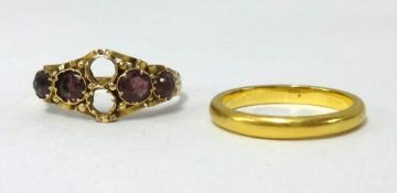 A 22ct gold wedding band, 2.60gms, also a 15ct garnet dress ring (some stones missing).