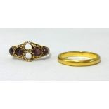 A 22ct gold wedding band, 2.60gms, also a 15ct garnet dress ring (some stones missing).