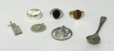 A 9ct gold gents signet ring plus 6 assorted silver objects.
