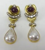A pair of large 18ct gold, diamond, ruby and pearl earrings, length 6cm.