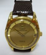 Universal, Polerouter Date Auto Microtor, a gents 18ct gold wristwatch, with croco strap.