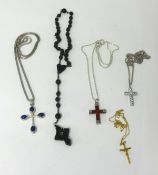 Various silver items, crucifix chain, chains, rings, bog oak with spy photo.
