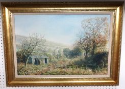 Gerry Hillman, signed oil on canvas, 'The Oil Shed, Rural Scene' 49cm x 74cm.