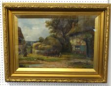 R.J.Hammond (fl. 1882 - 1911) signed oil on canvas, 'Thatched Cottage, Cart Horse' 49cm x 74cm.