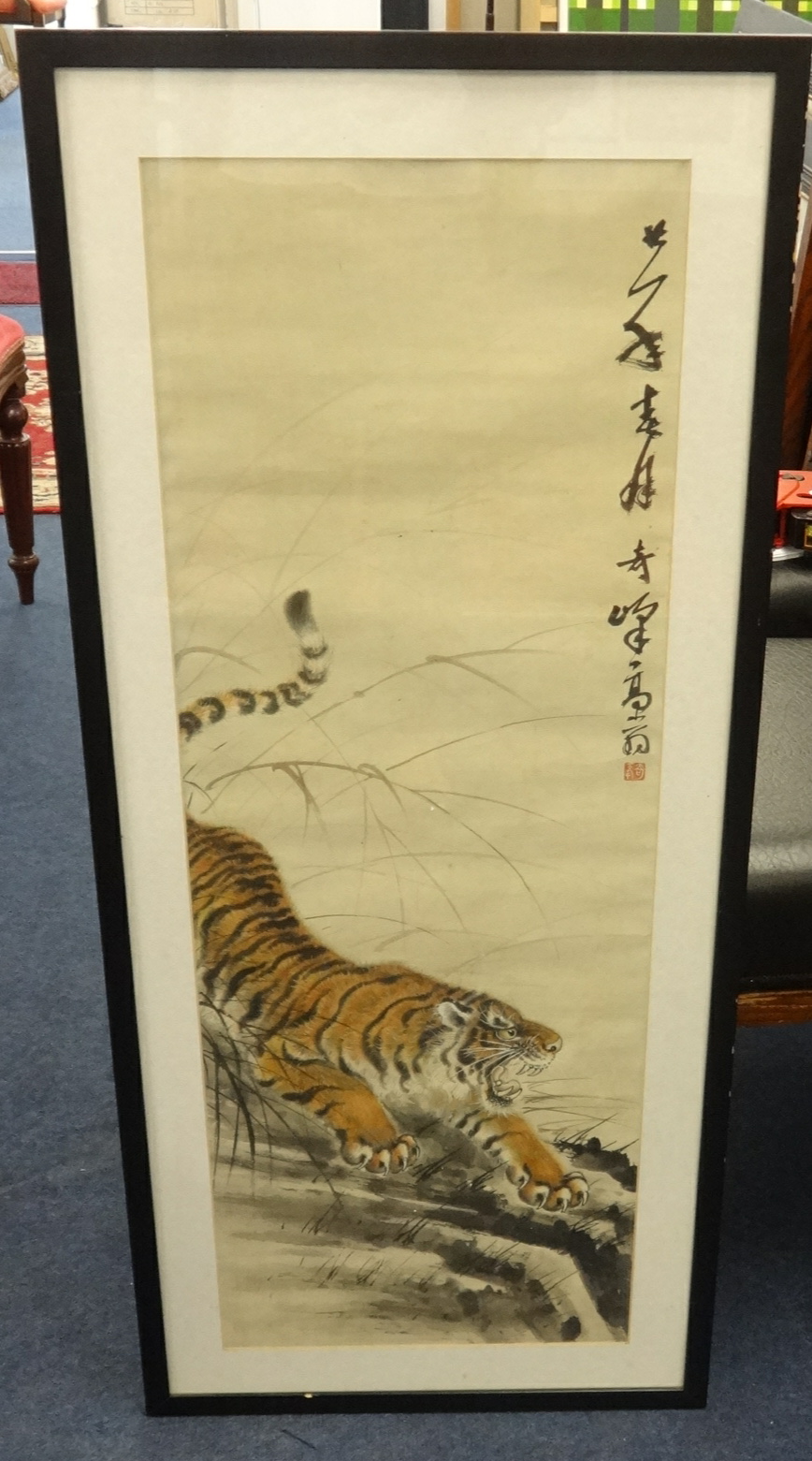 Oriental framed and signed scroll 'Tiger', 18cm x 33cm.