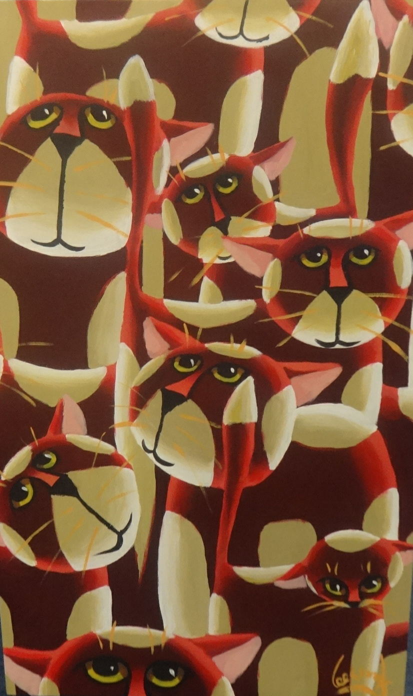 Lee Woods, signed oil on wrap around board, 'Red Cats' signed, 75cm x 46cm.