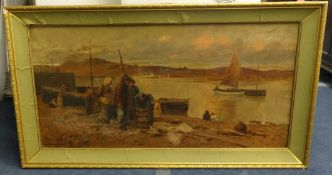 Buckley Ousey, 19th century oil on canvas, 'Fisher folk on the Quay with Fish', signed and dated