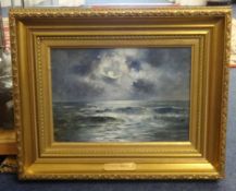 H.E. James (Exh 1882-1912) signed oil on board 'Moonlight on Breaking Waves', 20cm x 26cm.