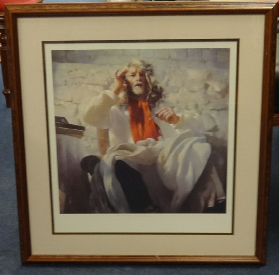 Robert Lenkiewicz, signed print, 'Self Portrait with Red Scarf', 39cm x 43cm.