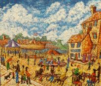 Roger Steppens 'The Fun Fair at the Barbican', signed box canvas, 61cm x 53cm.