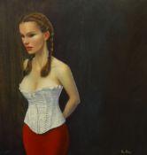 Piran Bishop, signed oil on canvas, Lady with White Corset, 2008, 60cm x 60cm.