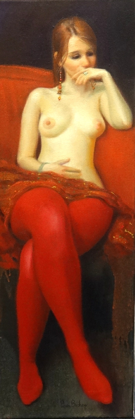 Piran Bishop, signed oil on canvas, Lady in Red, 2008 60cm x 20cm, unframed.