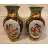 A pair of continental porcelain baluster vases, celadon ground and painted and transfer decorated to