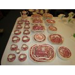 A large selection of Spode dinner and coffee ware in 'Pink Tower' pattern, the components of various