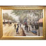 A late 20th C oil or acrylic on canvas of a busy 19th C French street scene, signed Z. Silta(?) (