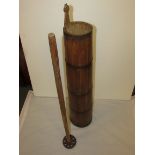 Pine butter churn of tapering form with metal bands (height 98cm) with plunger